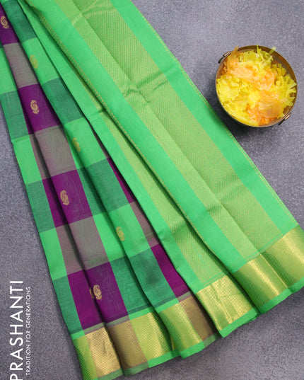 Silk cotton saree green and deep purple with paalum pazhamum checked pattern & zari buttas and zari woven border - {{ collection.title }} by Prashanti Sarees