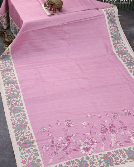 Tussar silk saree pastel pink and cream with allover zari buttas and floral design cross stitched embroidery border