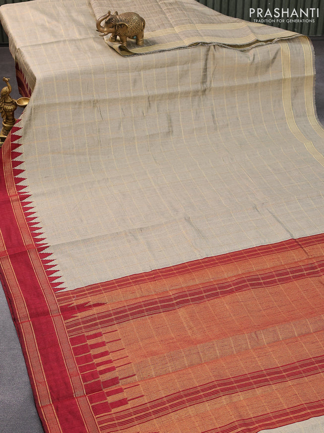 Dupion silk saree beige and maroon with allover checked pattern and temple design rettapet zari woven border