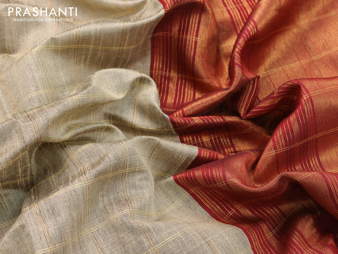Dupion silk saree beige and maroon with allover checked pattern and temple design rettapet zari woven border