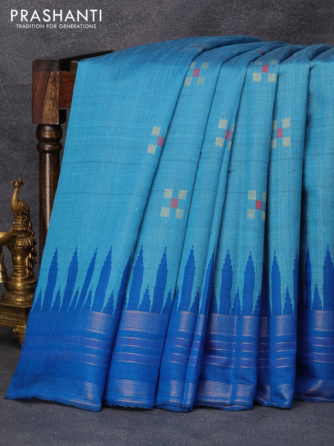 Dupion silk saree light blue and cs blue with zari woven buttas and temple design zari woven border
