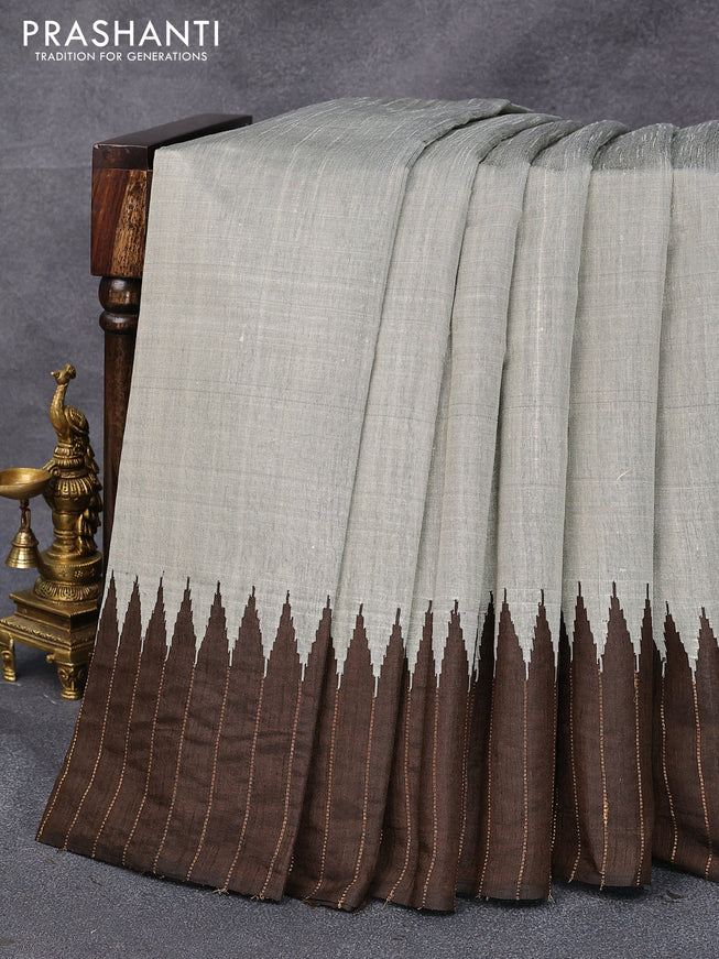 Dupion silk saree grey and dark sap green with plain body and temple design zari woven simple border