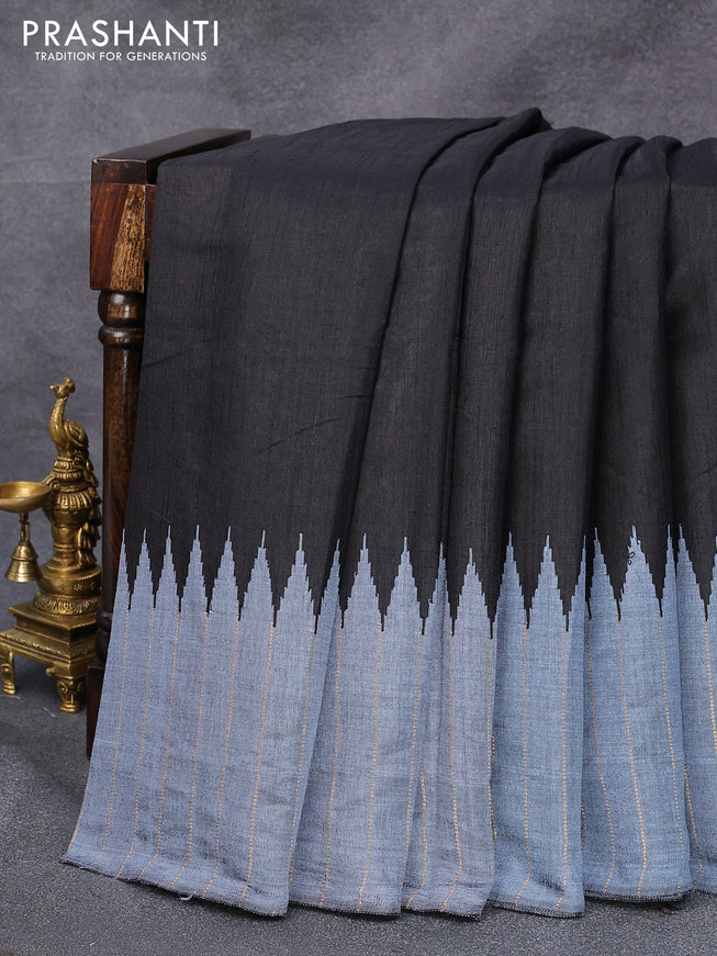 Dupion silk saree black and grey with plain body and temple design zari woven simple border