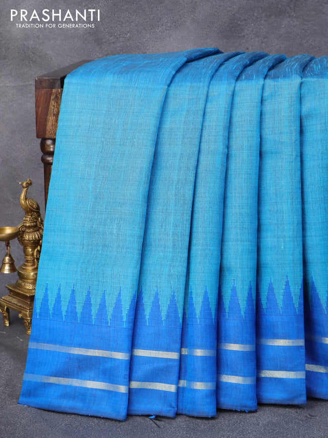 Dupion silk saree light blue and cs blue with plain body and temple design rettapet zari woven border