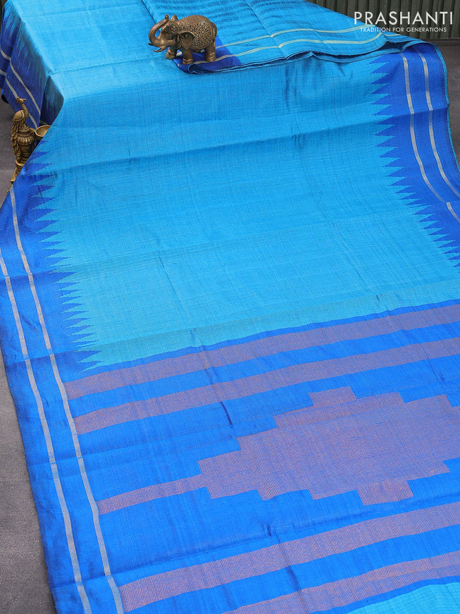 Dupion silk saree light blue and cs blue with plain body and temple design rettapet zari woven border