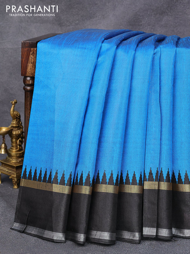 Dupion silk saree cs blue and black with plain body and temple design rettapet zari woven border