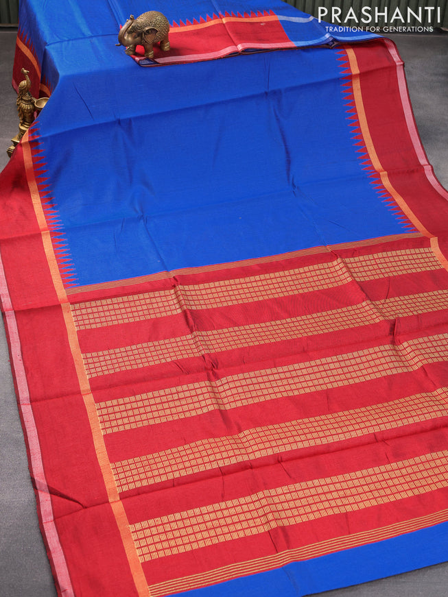 Dupion silk saree blue and maroon with plain body and temple design rettapet zari woven border