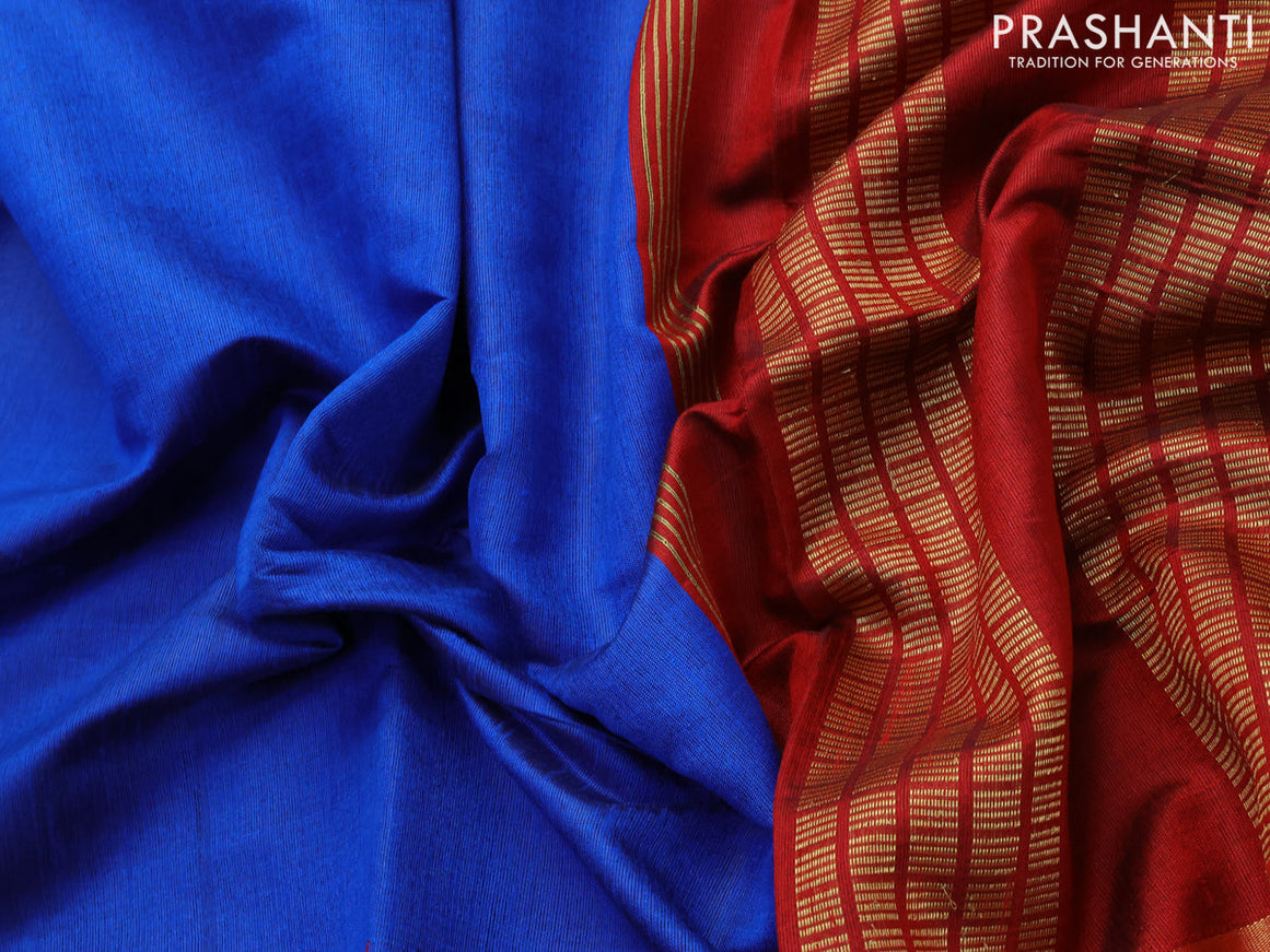 Dupion silk saree blue and maroon with plain body and temple design rettapet zari woven border
