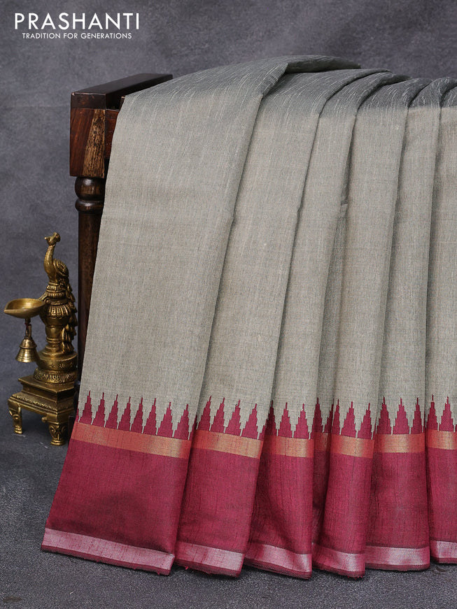 Dupion silk saree grey and wine shade with plain body and temple design rettapet zari woven border