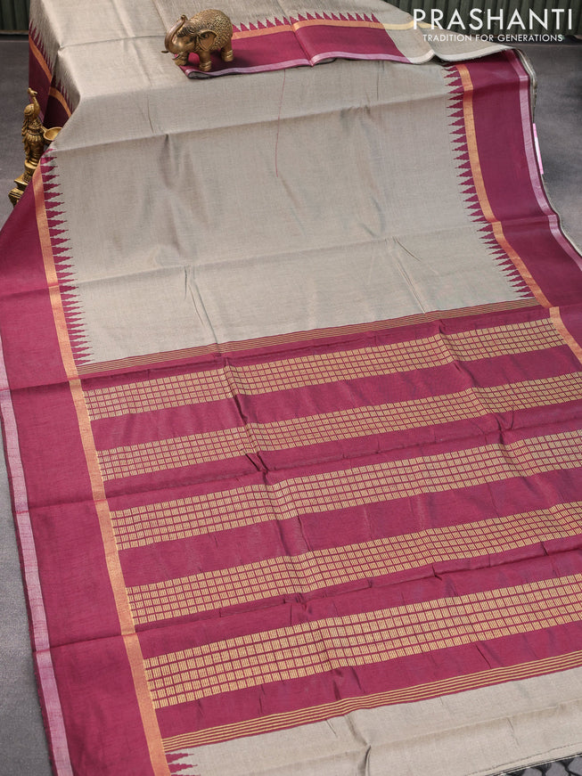 Dupion silk saree grey and wine shade with plain body and temple design rettapet zari woven border