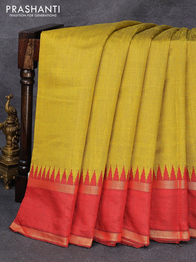 Dupion silk saree yellow and maroon with plain body and temple design rettapet zari woven border