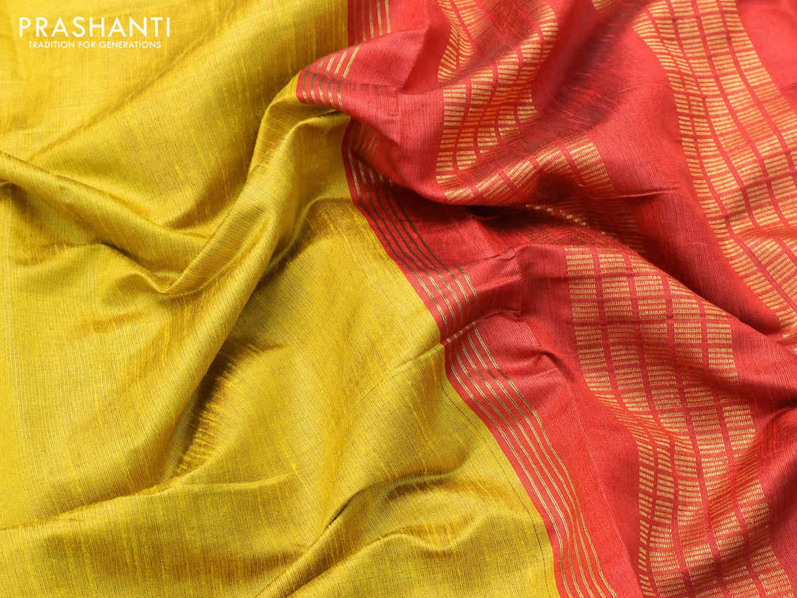Dupion silk saree yellow and maroon with plain body and temple design rettapet zari woven border