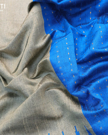 Dupion silk saree beige and cs blue with plain body and temple design rettapet zari woven border