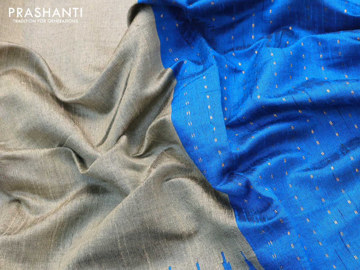 Dupion silk saree beige and cs blue with plain body and temple design rettapet zari woven border