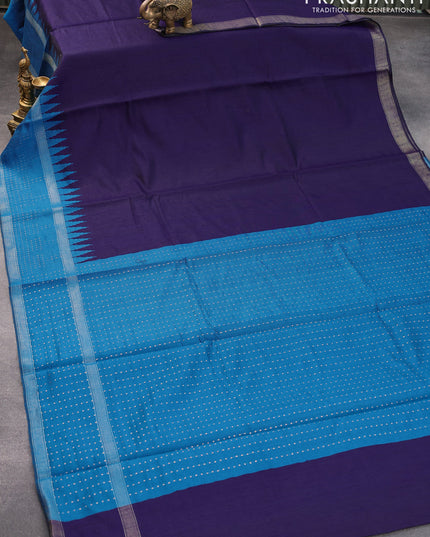 Dupion silk saree blue and cs blue with plain body and temple design rettapet zari woven border