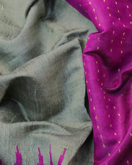 Dupion silk saree grey and purple with plain body and temple design rettapet zari woven border