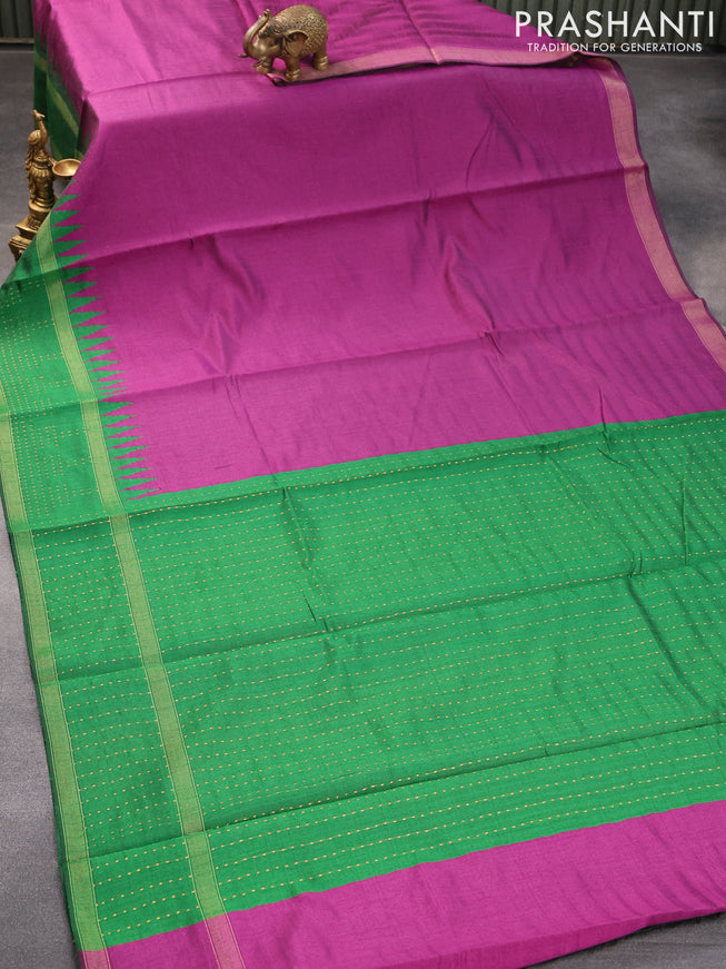 Dupion silk saree purple and green with plain body and temple design rettapet zari woven border