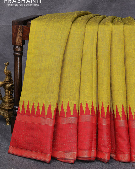 Dupion silk saree yellow and red with plain body and temple design rettapet zari woven border