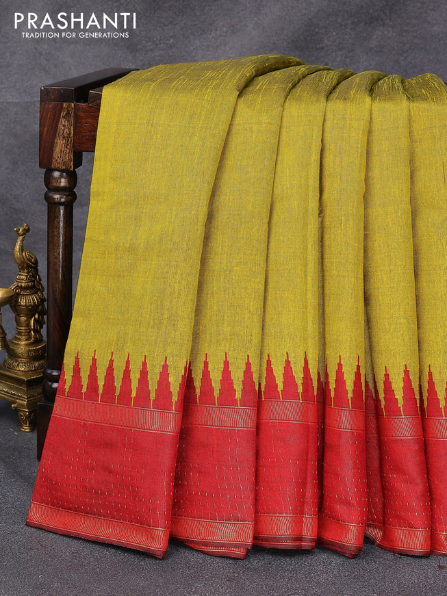 Dupion silk saree yellow and red with plain body and temple design rettapet zari woven border
