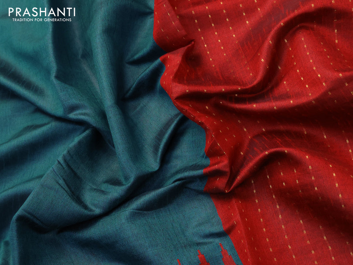 Dupion silk saree peacock green and red with plain body and temple design rettapet zari woven border