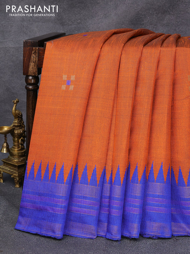 Dupion silk saree orange and blue with zari woven buttas and temple design zari woven border
