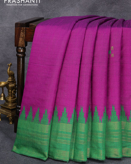 Dupion silk saree purple and green with zari woven buttas and temple design zari woven border