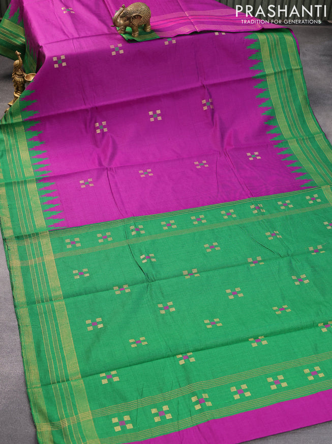 Dupion silk saree purple and green with zari woven buttas and temple design zari woven border