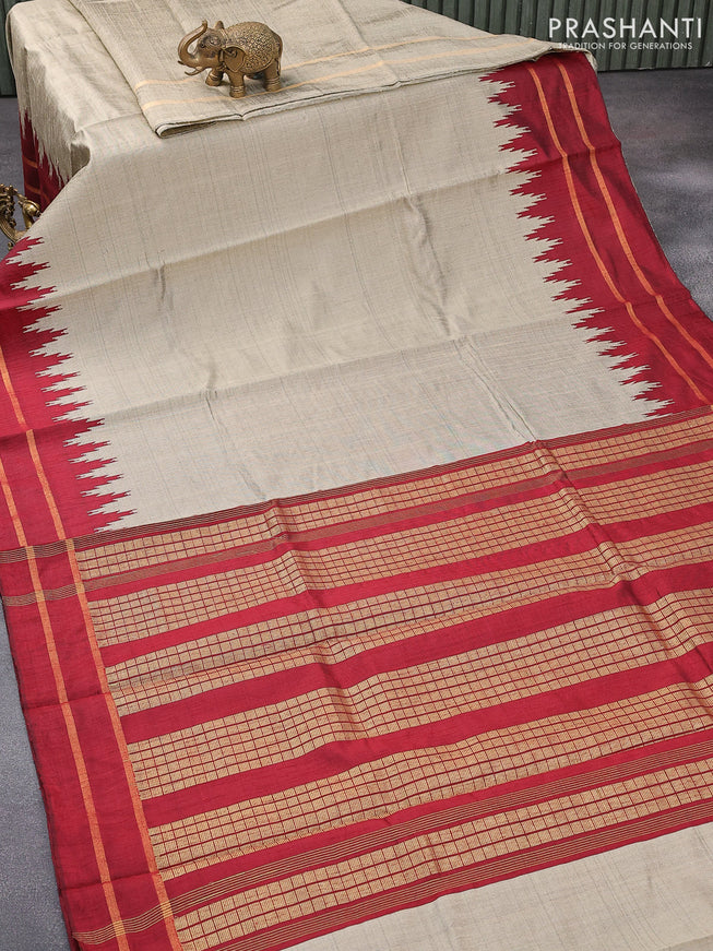 Dupion silk saree beige and maroon with plain body and temple design rettapet zari woven border