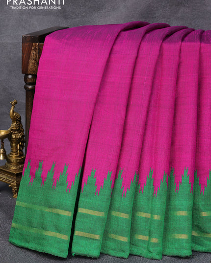 Dupion silk saree magenta pink and green with plain body and temple design rettapet zari woven border