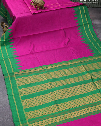 Dupion silk saree magenta pink and green with plain body and temple design rettapet zari woven border