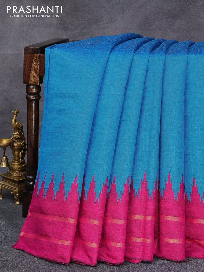 Dupion silk saree cs blue and magenta pink with plain body and temple design rettapet zari woven border