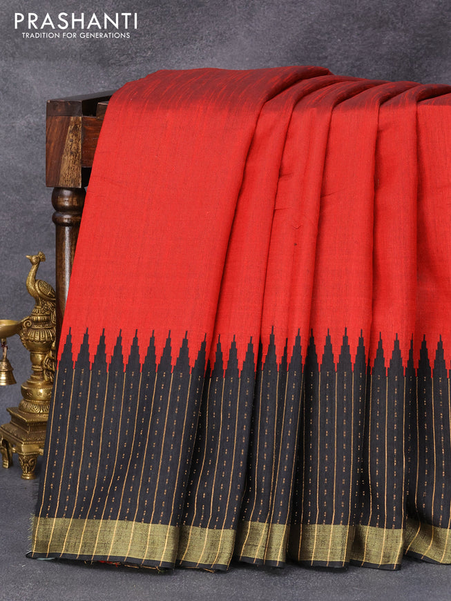 Dupion silk saree red and black with plain body and temple design zari woven border