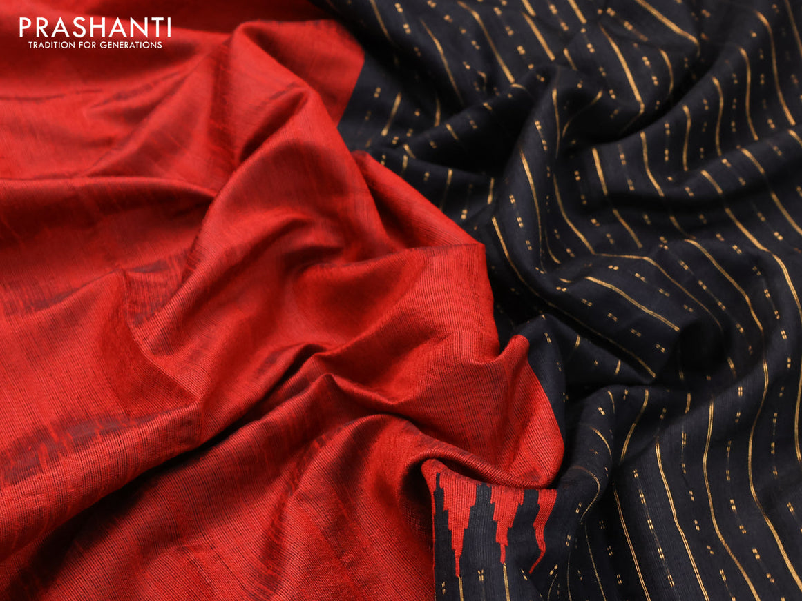 Dupion silk saree red and black with plain body and temple design zari woven border