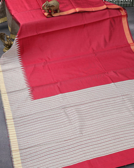Dupion silk saree maroon and grey shade with plain body and temple design thread woven border