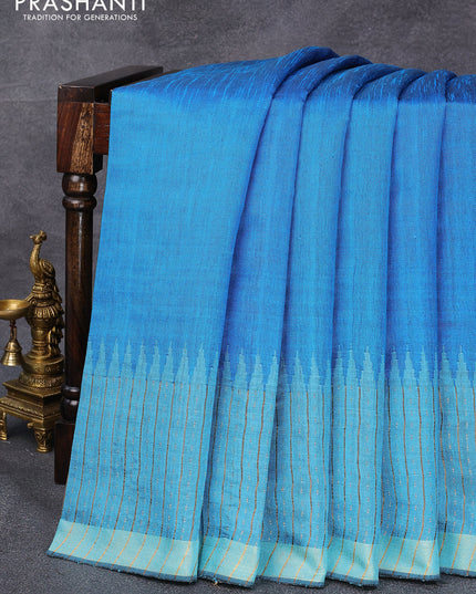 Dupion silk saree cs blue and light blue with plain body and temple design zari woven border
