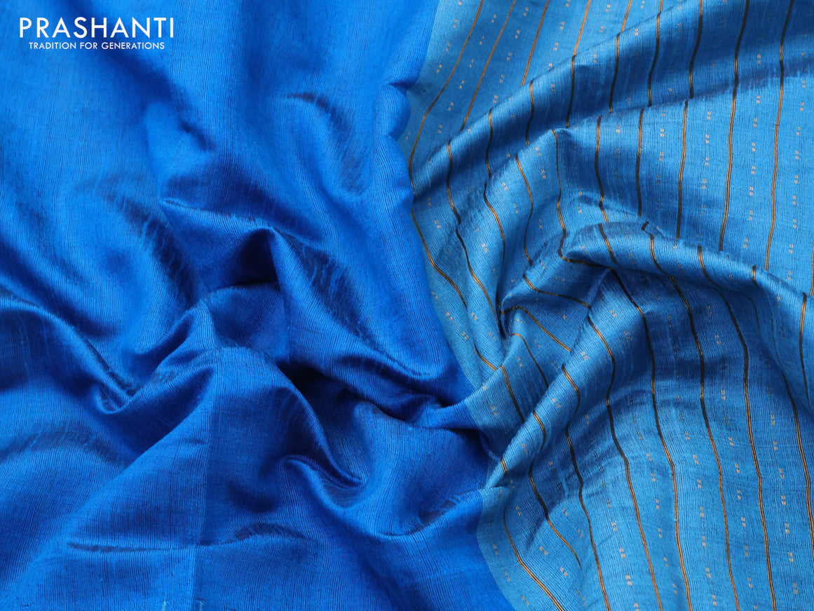 Dupion silk saree cs blue and light blue with plain body and temple design zari woven border