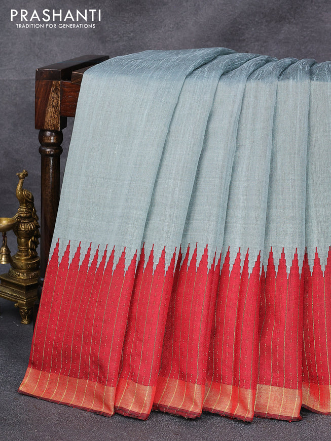Dupion silk saree grey and maroon with plain body and temple design zari woven border