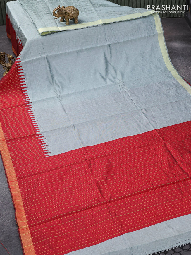 Dupion silk saree grey and maroon with plain body and temple design zari woven border