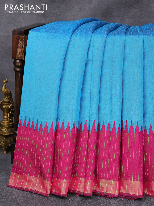 Dupion silk saree cs blue and magenta pink with plain body and temple design zari woven border