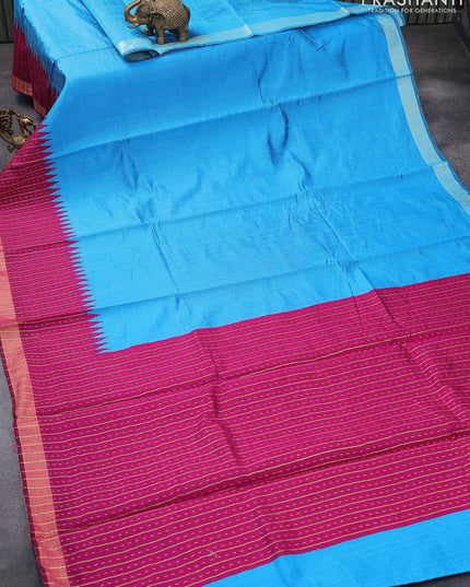 Dupion silk saree cs blue and magenta pink with plain body and temple design zari woven border