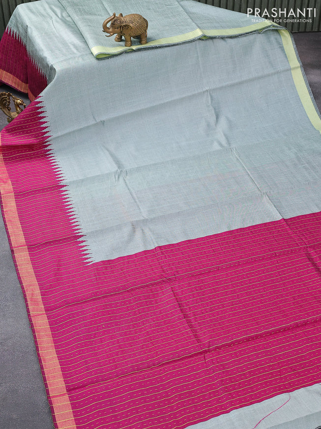 Dupion silk saree pastel grey and magenta pink with plain body and temple design zari woven border