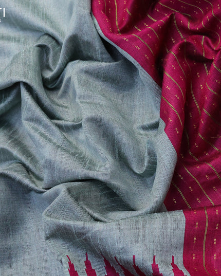 Dupion silk saree pastel grey and magenta pink with plain body and temple design zari woven border