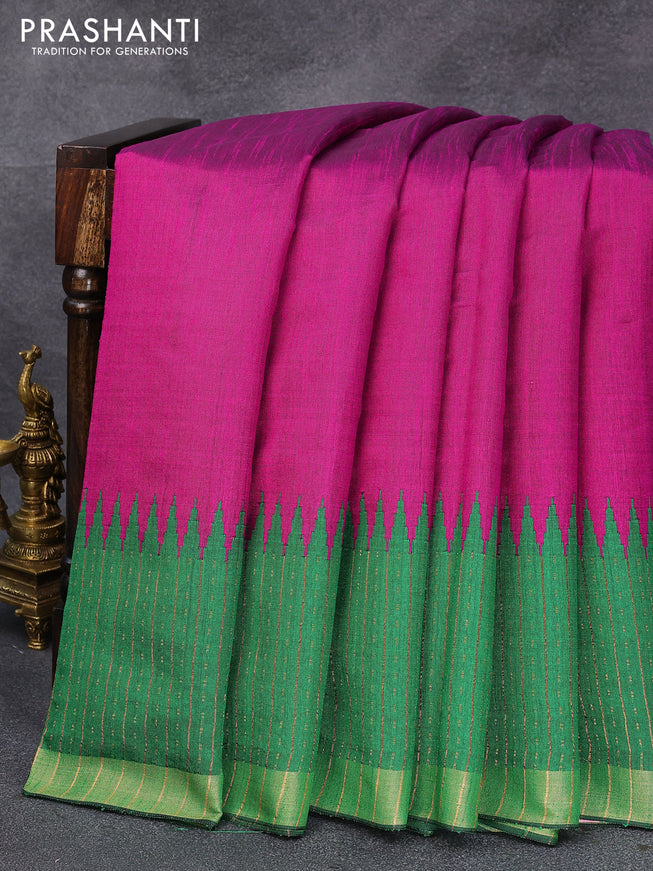 Dupion silk saree magenta pink and green with plain body and temple design zari woven border