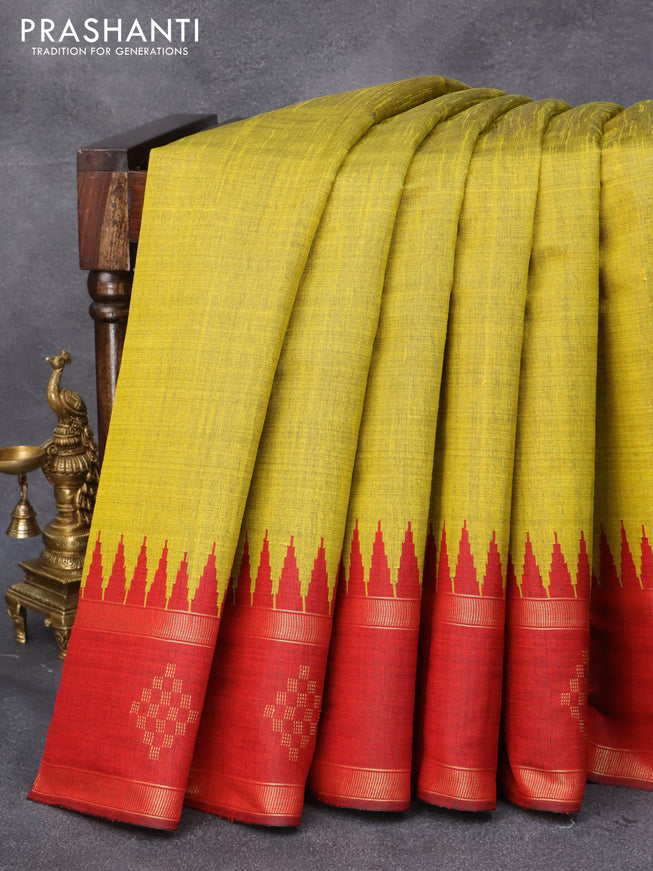 Dupion silk saree yellow and maroon with plain body and temple design rettapet zari woven butta border