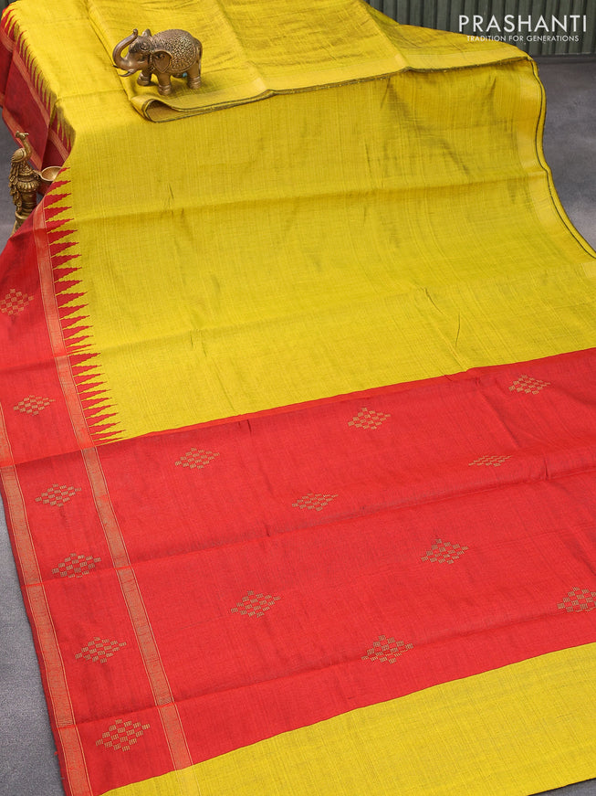Dupion silk saree yellow and maroon with plain body and temple design rettapet zari woven butta border