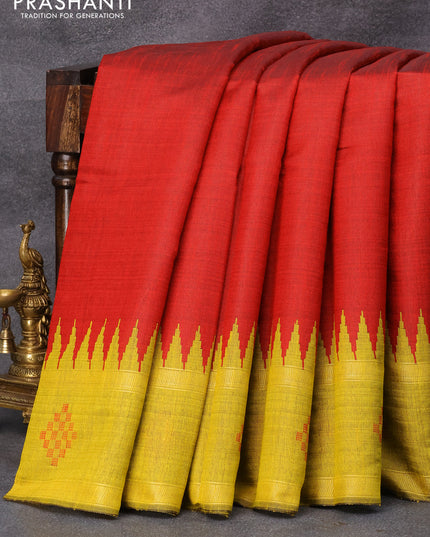 Dupion silk saree maroon and yellow with plain body and temple design rettapet zari woven butta border