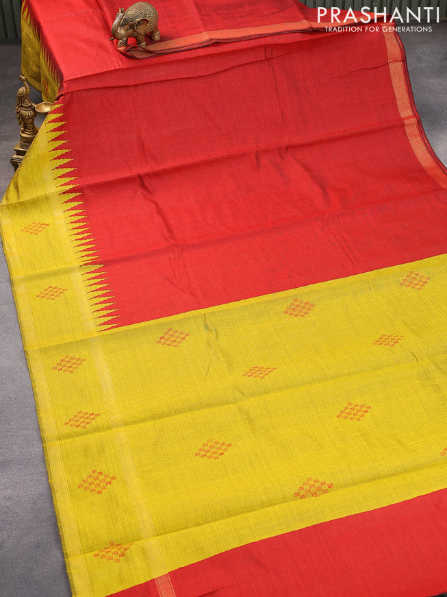 Dupion silk saree maroon and yellow with plain body and temple design rettapet zari woven butta border