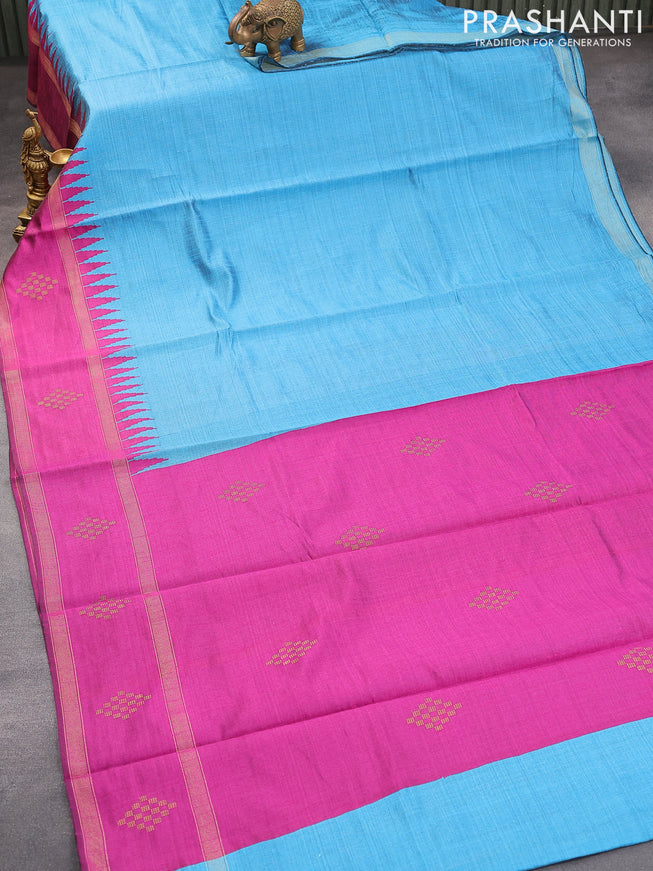 Dupion silk saree cs blue and magenta pink with plain body and temple design rettapet zari woven butta border