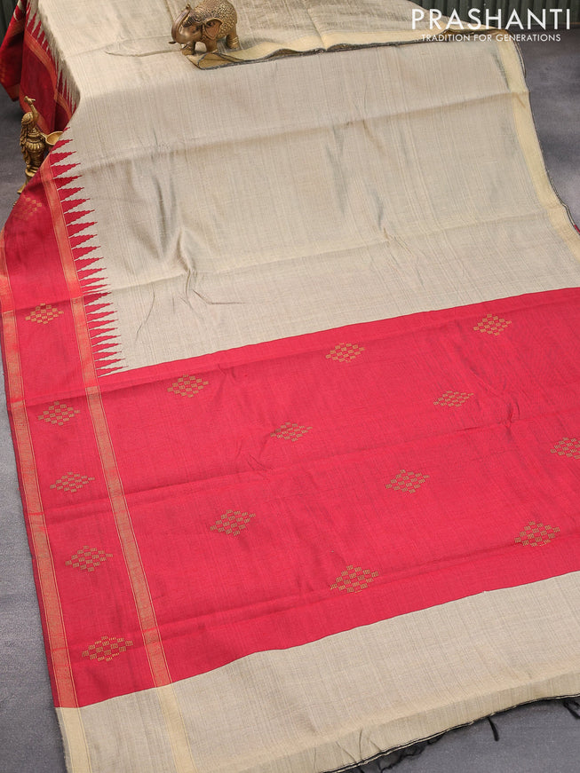 Dupion silk saree grey and maroon with plain body and temple design rettapet zari woven butta border