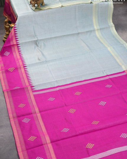 Dupion silk saree grey and megenta pink with plain body and temple design rettapet zari woven butta border